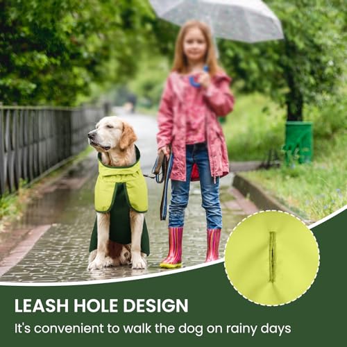 Image of BRKURLEG Dog Raincoat, Waterproof Rain Jacket with Hood, Green, XXL | Adjustable Windproof Rainproof Jacket with Leash Hole, Reflective Breathable Rain Coat Poncho, for Small to Large Dogs
