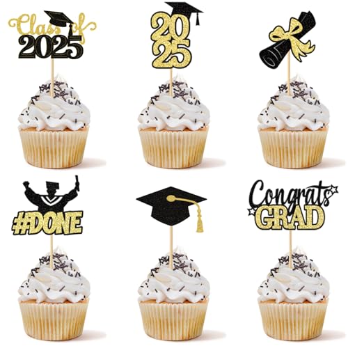 Class of 2025 Graduation Cupcake Topper - Celebrate Graduation Day with Tindobewan Glitter Congrats Grad Cupcake Picks Decorations(24Pcs,Black with Gold) S1