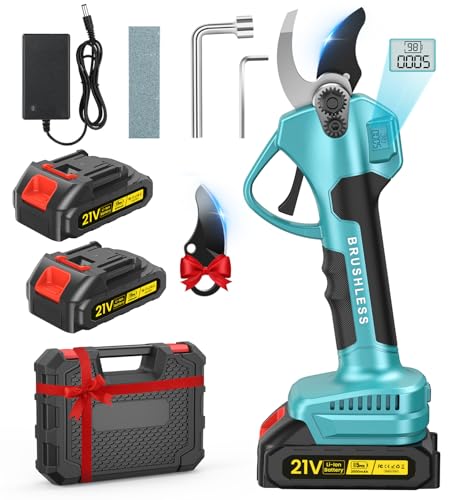 Akku Astschere, 35mm Gartenschere Akku für Makita mit LCD-Display & SK7 Klingen, 1000W Bürstenloser Motor, Gartenschere mit 2000 mAh * 2 Wiederaufladbaren Batterien für Gartenbaumscherenzweige