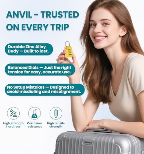 ANVIL TSA Approved Luggage Lock - 4 Digit Combination, 10,000 Combinations, Easy-Read Password Window, Travel Lock for Suitcases, Backpacks, Gym & Student Lockers, Baggage4