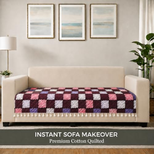 Image of STITCHNEST 'Frostvine Collection' 3 Seater Sofa Cover| Cotton Quilted Fabric, Decorative Tassels, Washable & Durable for Modern Living