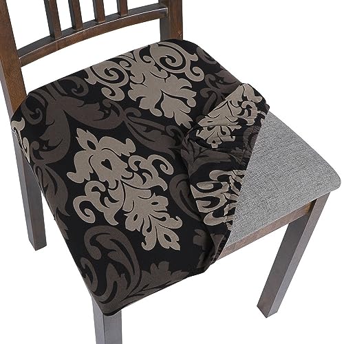 Image of SearchI Seat Covers for Dining Room Chairs Stretch Printed Chair Seat Covers Set of 4, Removable Washable Upholstered Chair Seat Protector Cushion Slipcovers for Kitchen, Office(Black /Brown)