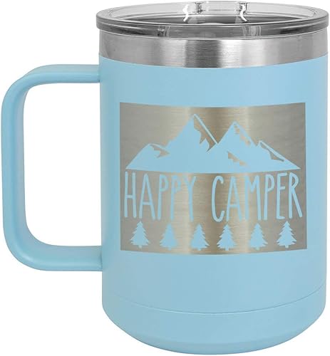 Miniatura 1 de ONLYGIFTS.COM - Taza de café con tapa deslizante para viaje (13.0 fl oz), diseño con texto "Happy Camper C", Azul claro