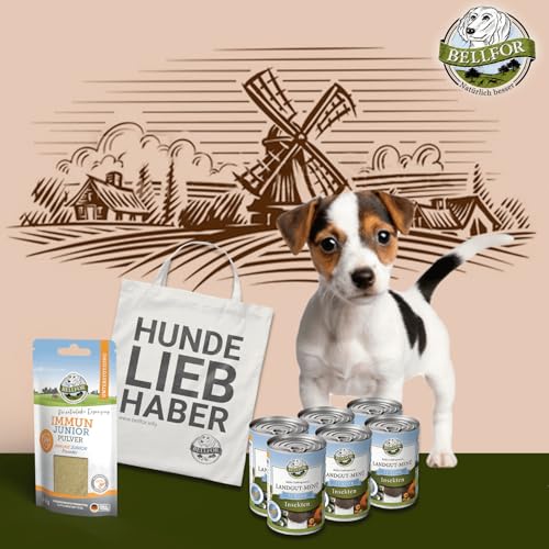 Bellfor Welpenfutter im Sparset Ideal für die bedarfsgerechte Fütterung heranwachsender Hunde Landgut-Menü Junior 6 x 400 g Immun Junior 50 g und 1 Jutebeutel