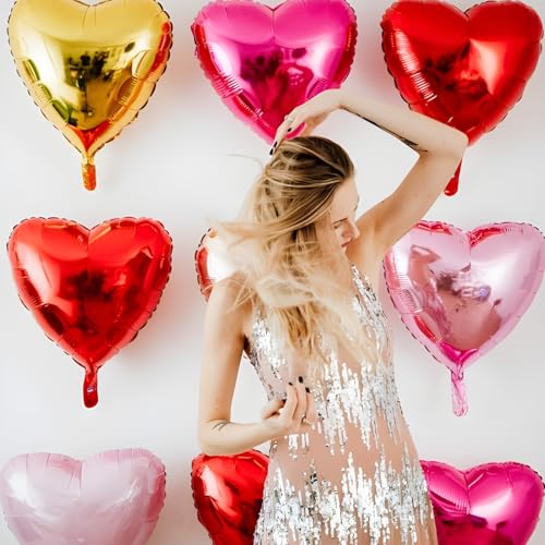 Image of 18inch Pink Heart Balloons,6Pcs Bright Pink Heart Shaped Foil Balloons & 6Pcs Red Helium Mylar Balloon for Anniversary Wedding Engagement Birthday Party Baby Shower Decorations(12Pcs)
