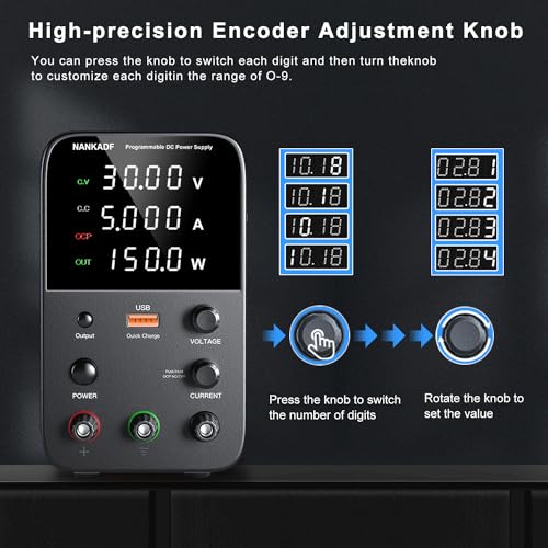 Image of DC Power Supply Variable, Bench Power Supply with Encoder Adjustment Knob, Output Enable /Disable Button, Adjustable Power Supplies with USB Quick-Charge, Short Circuit Alam (30V 5A Black)