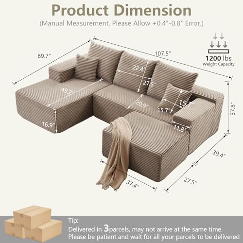 Image of Lakifun 107 inch L-Shape Sofa with Ottoman, Modern Modular Sectional Comfy U-Shape Cloud Couch, Deep Seat, Upholstered Corduroy Sleeper Chaise Longue for Living Room Bedroom, No Assembly Required, Camel