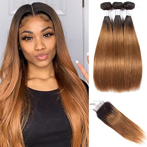 Dream Diana Ombre Straight human hair bundles with closure,Brazilian straight hair weave extensions colored virgin human hair 3 bundles with 4x4 lace closure T1b/30 color（18 20 22+16）