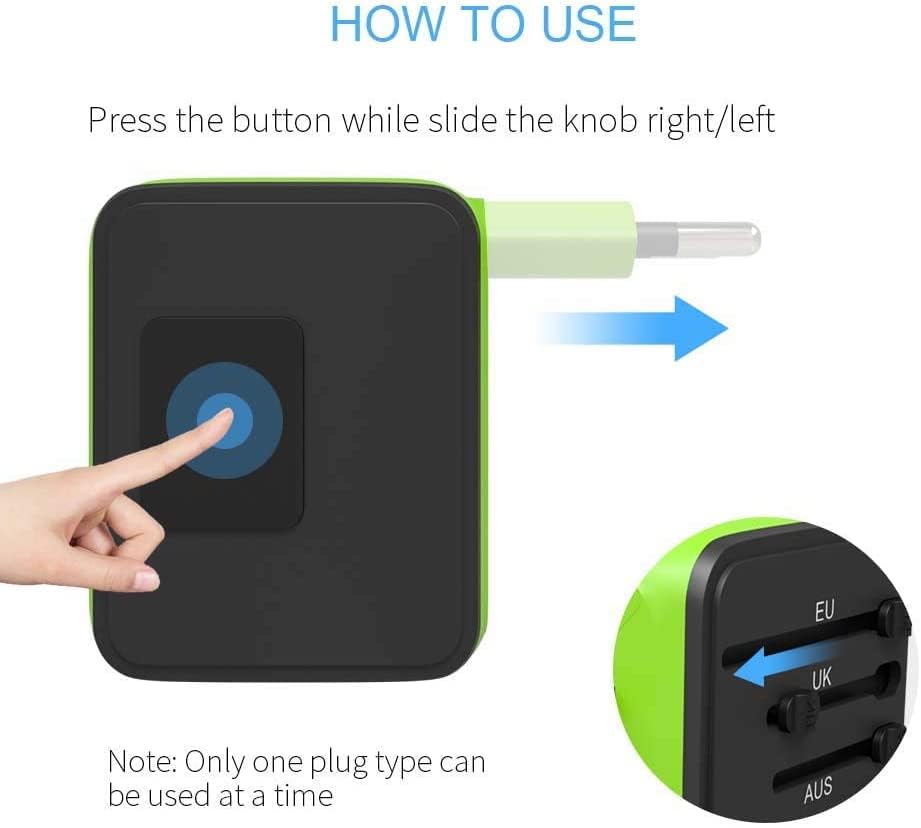 Image of JMFONE International Travel Adapter 2 USB-C & 2 USB-A Ports and Multi AC Sockets,Universal Power Adapter Worldwide All in One High Speed 2.4A Perfect for 200+ Countries (Green)