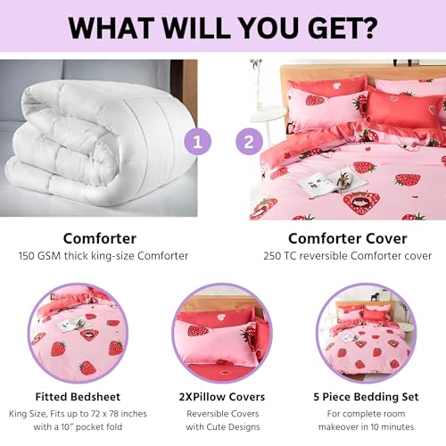 Image of Famyo King Size Bedsheet Set with 2 Pillow Covers, 250 TC Fitted Kids Bedsheet, Comforter & Comforter Cover (5pc Set) -Home Decor, 72x78 inches, Pink Strawberry Design