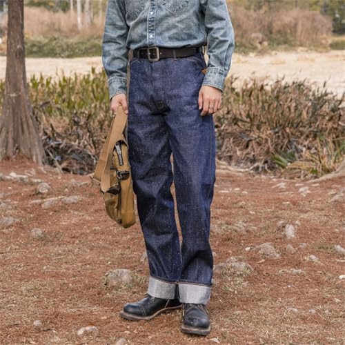 Men’S Vintage Loose Fit High Waist Selvedge Neppy Cotton Full Length Jeans Button Fly Midweight Daily Wear Pockets4