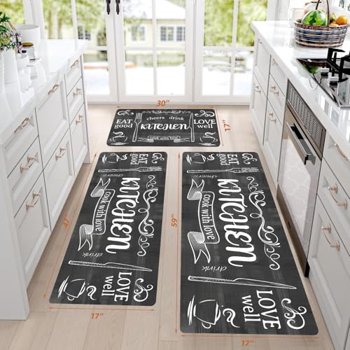 XLHOMO 3-Pack Non-Slip Kitchen Rugs - Grey Farmhouse Cushioned Mats, Washable & Stain Proof for Kitchen Floors, Laundry, Bathroom, Entryway