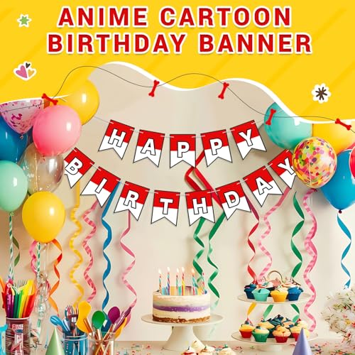Image of VitalCozy Red and White Cartoon Birthday Banner Cute Anime Theme Birthday Decorations Paper Banner for Party Hanging Bunting Decor