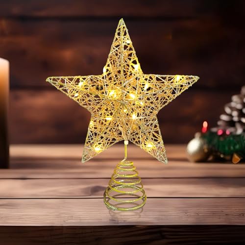Shining Star Christmas Tree Toppers Decoration, LED Christmas Lights Pentagram Cotton Thread Powdered Iron Stars Glowing Tree Toppers For Indoor Outdoor Home Decoration (Gold)