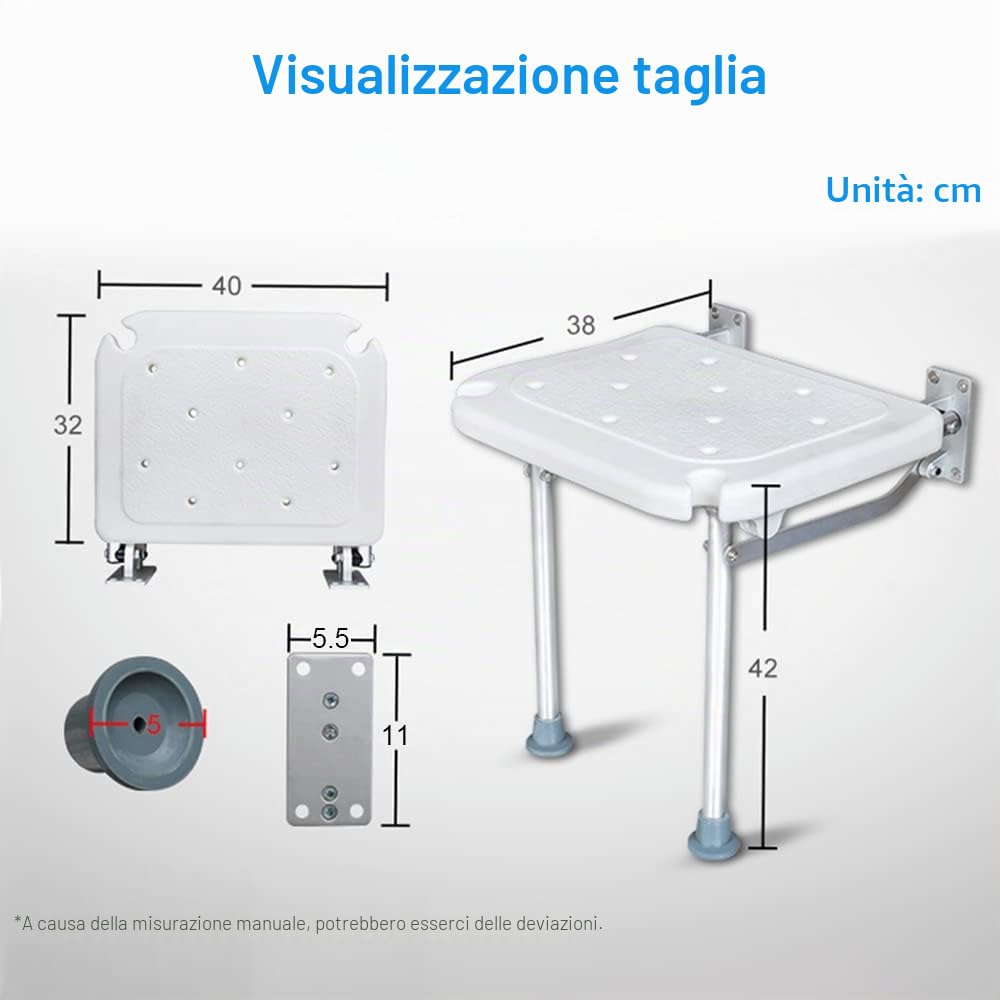 Panchina da doccia pieghevole a parete, per vasca da bagno, con piedini antiscivolo, fori di scarico per anziani con disabilità