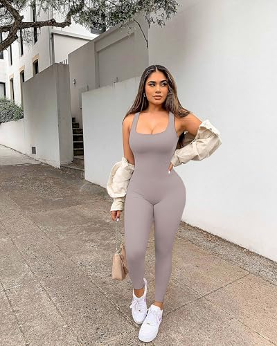 Image of YIOIOIO Womens Workout Ribbed Jumpsuit Yoga Square Neck Leggings Romper