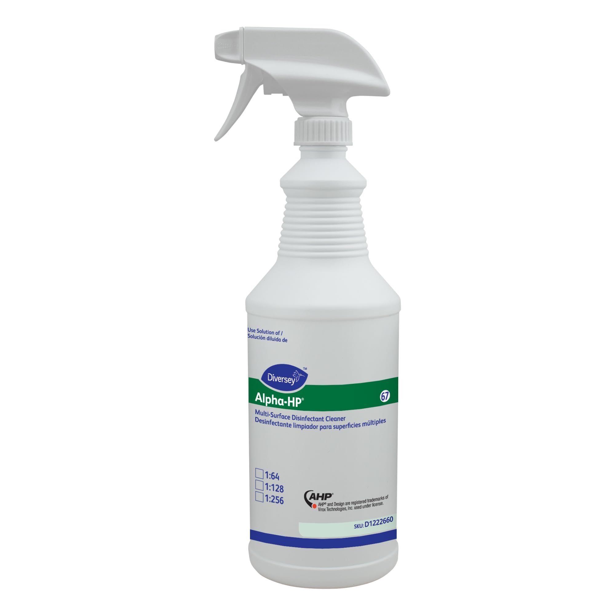 Diversey D1222660 Alpha-HP Multi-Surface Disinfectant Cleaner Empty Refill Bottles with Preprinted Label and sprayer nozzle 32-Ounce