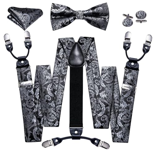 Image of YOHOWA Men Suspenders 6 Clips Strength Adjustable Y Braces Pre-Tied Bow Tie Set Formal Wedding Party