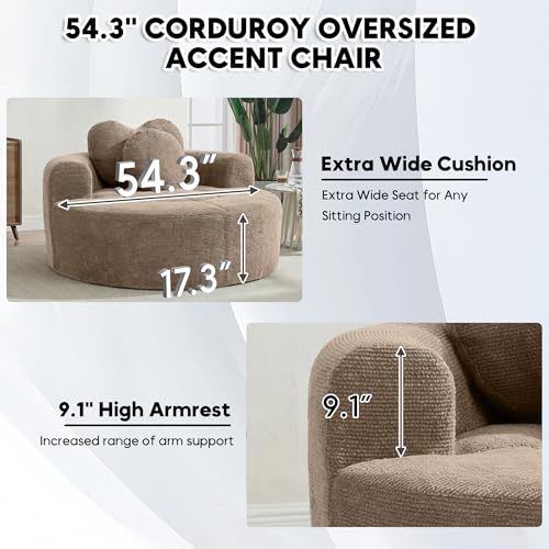 Image of Oversized Round Chair Lounge Chaise Indoor, 54.3 inch Upholstered Corduroy Deep Seat Single Cloud Sofa Chair with Heart-Shaped Pillow Modern Large Circle Boneless Couch for Living Room, Brown