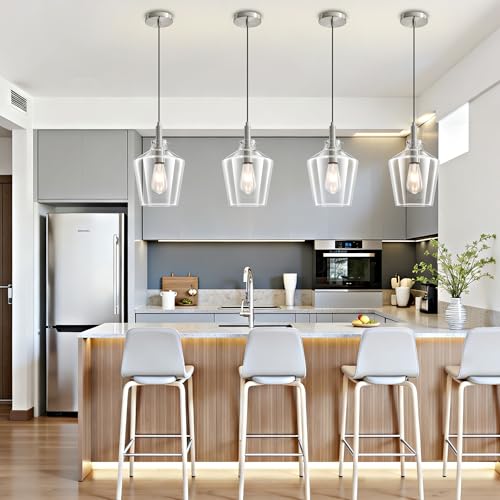 Image of Glass Pendant Lighting for Kitchen Island Foyer 2 Pack Nickel Clear 8 Inch | Adjustable cord Dimmable, E26 bulbs, Rust-resistant Damp Rated For Bathrooms, 5-Year Manufacturer Warranty, UL Certification