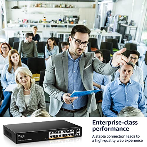 Image of VIMIN 16-Port Gigabit Ethernet Switch with 2 Uplink 1000Mbps Ports, 18-Port Unmanaged Network Switch Support IEEE802.3af /at, VLAN, Metal Housing, Desktop, 19 inch Rack-Mount, Plug and Play