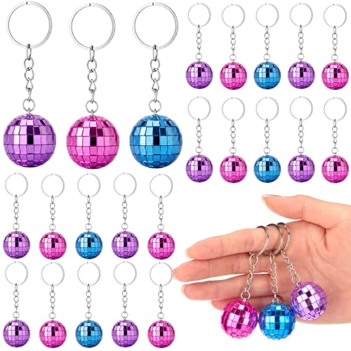 Equsion 24 Pcs Disco Ball Keychain Bulk 1.18 Inch Mirror Disco Ball Keychain Pink Purple Blue Key Chain for Kpop 70s 80s Singer Karaoke Party Favors