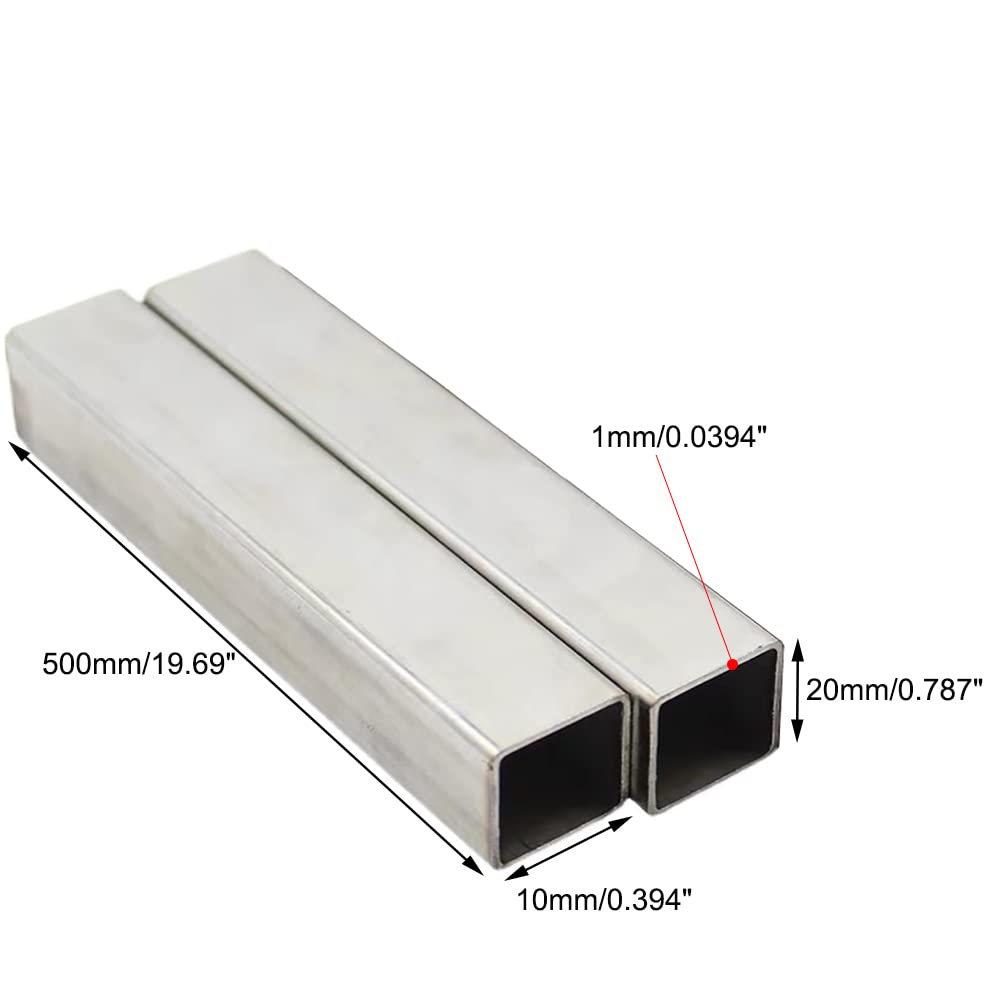 Rura ze stali nierdzewnej, rury ze stali nierdzewnej 304, prostokątne rurki, rama metalowa, 2 szt. długość boku 10 mm do 15 mm / 500 mm długość (10 mm x 20 mm x 1 mm)