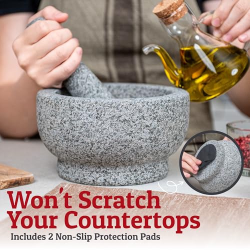 PriorityChef Extra Large Mortar and Pestle Set, Heavy Duty Natural Granite, Make Fresh Guacamole at Home, Solid Stone Grinder Bowl, Herb Crusher, Spice Grinder, 4 Cup Size, Unpolished Grey