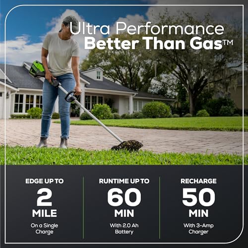 Image of Greenworks 60V 8 inch Brushless Cordless Edger with 2.0Ah Battery & Charger - Tool-Free Depth Adjustment, Lightweight Lawn Edging Tool, 4-Year Warranty