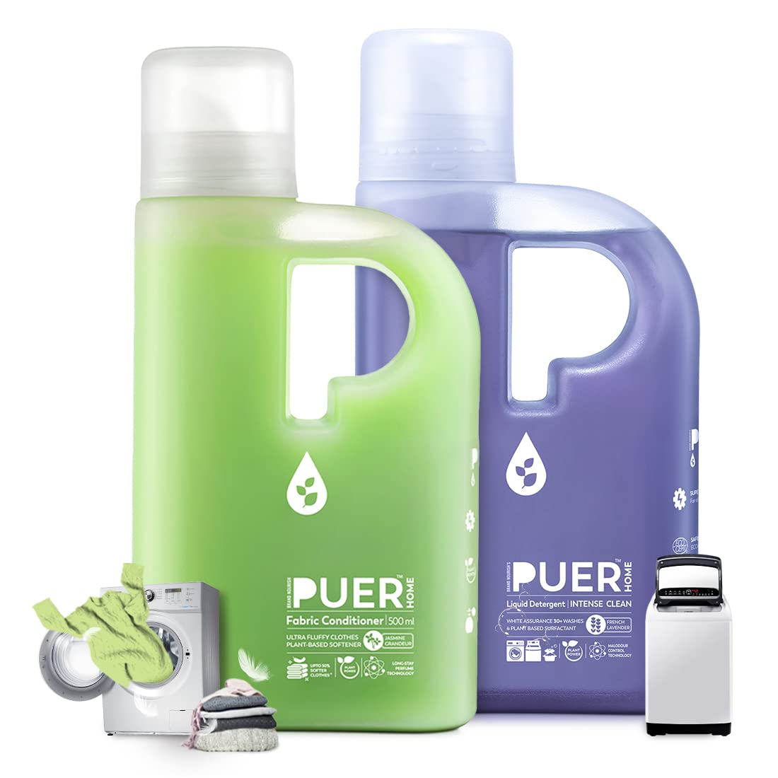 PUER Natural Liquid Detergent Intense Clean, 500ml and Fabric Conditioner, 500ml Combo| French Lavender & Jasmine Grandeur | Clean, softer, and brighter clothes| Eco-friendly & Non-toxic