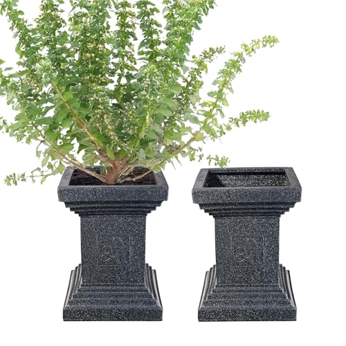 Kuber Industries 2 Pcs Roto Mould German Polymer 16-Inch Extra Large Big Size Tulsi Flower Pot | Indoor/Outdoor Tree Gamla Planter for Resorts, Hotels, Terrace & Garden | Marble Tulsi - Black