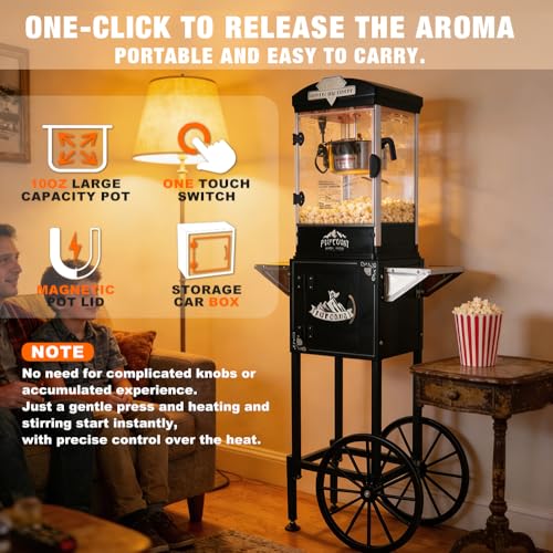 Image of Popcorn Machine with Cart,Wheels & 10 Oz Kettle Popcorn Maker Measuring 3 plastic spoon Home Theater Popcorn Machine-Black