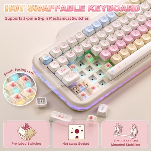 YUNZII C98 Bezprzewodowa klawiatura mechaniczna z klawiaturą numeryczną, BT5.0/2.4G/USB-C Hot Swap Gasket Mount z klawiszami PBT MOA, konfigurowalne podświetlenie RGB (Beige, Candy Linear Switch)