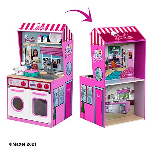 Theo Klein 7312 Barbie Holzküche mit integriertem Puppenhaus 2 in 1 I Spielküche mit Herd, Waschmaschine und Zubehör I… – Bild 4