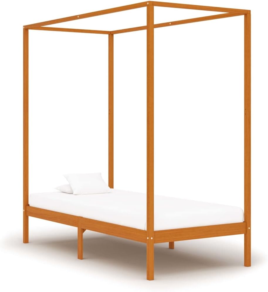 Honey Brown Solid Wood Canopy Bed Frame without Mattress 90x200cm, Sturdy Pine Wood Construction with Top Frame for Curtains, Durable Support Slats for Enhanced Privacy