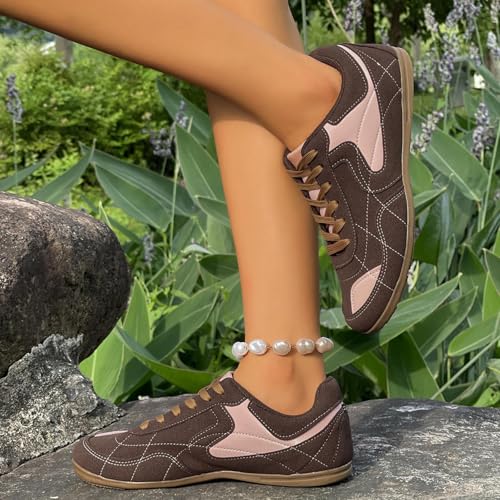 Women's Colorblock PU Leather Shoes Low Heel Round Toe Casual Flats Fashion Stitch Non Slip Lace Up Shoes for Walking 5