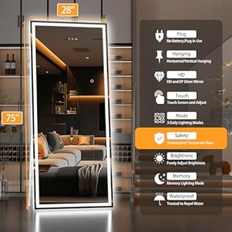 Hasipu Full Length Mirror with Lights, 75" x 28" LED Lighted Floor Standing, Full Body Dressing Hanging Mounted Mirror, Dimmable, Tempered Glass, Safe to Use, Square White