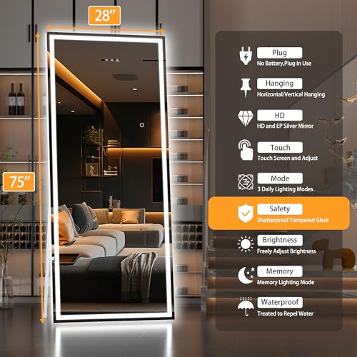 Hasipu Full Length Mirror with Lights, 75" x 28" LED Lighted Floor Standing, Full Body Dressing Hanging Mounted Mirror, Dimmable, Tempered Glass, Safe to Use, Square White
