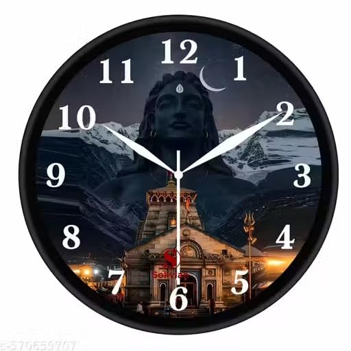 Image of Lord Shiva & Kedarnath Temple Wall Clock for Modern Home Decor | Luxury Round Analog Silent Non-Ticking Spiritual Adiyogi Watch for Elegant Living Room & Puja Room, Black Frame