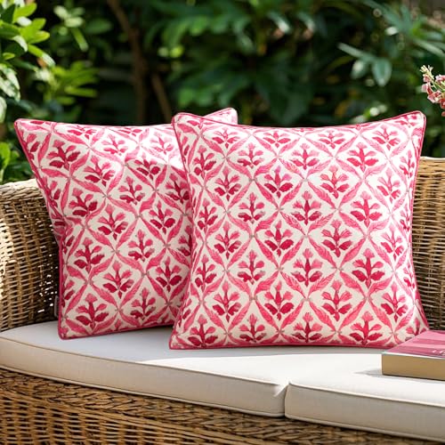 Image of MIULEE Floral Decorative Pillow Covers Set of 2,Block Print Throw Pillowcases Outdoor Boho Farmhouse Vintage Summer Accent Cushion Covers for Couch paito Garden Sofa Bed 18x18 Inch, Hot Pink