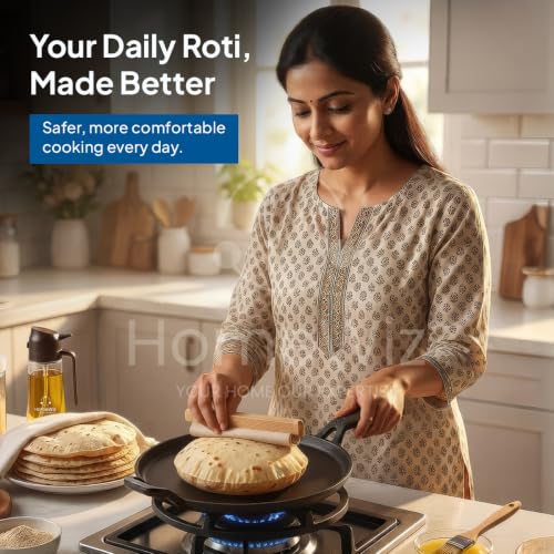 Image of HomeWiz Cast Iron Roti Tawa 28 cm | Free Oil Dispenser 500ml | Pre-Seasoned Iron Tawa with Long Handle for Roti, Chapati, Chillas & Paratha | Naturally Non-Stick | Induction & Gas Compatible