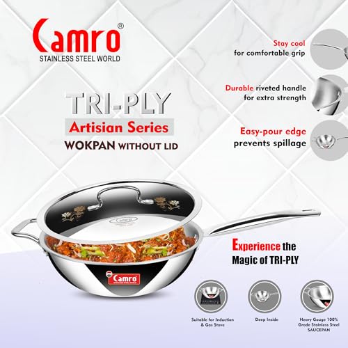 Image of Camro Triply Artisian Wok Pan with Lid 32 Cm, 6.7 Liters | Heavy-Duty Kadai for Noodles, Fried Rice Perfect Grip Traditional Chinese Cooking | Dishwasher Safe | 6 Years Warranty