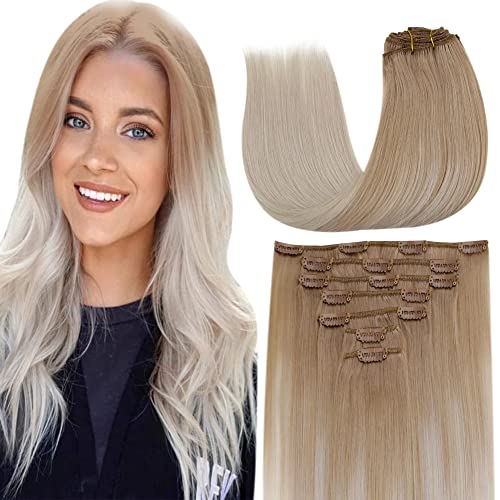 LaaVoo Hair Extensions Clip ins Blonde Ombre Full Head 7pcs 120g Ash Blonde to Platinum Blonde Clip in Hair Extensions Human Hair Double Weft 14 Inch
