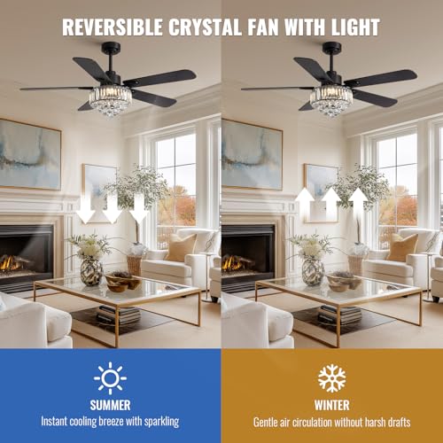 Image of Crystal Fandelier Ceiling Fan with Light,Chandelier Ceiling Fan with Remote and APP Control,Quiet Light for Bedroom, 3 Color Temperature, 52 Inch vintage ceiling fan With 6 Speeds