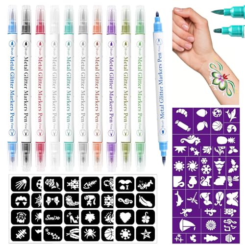 Temporary Tattoo Pens for Skin 10 Body Marker +72 Glitter Tattoo Stencils