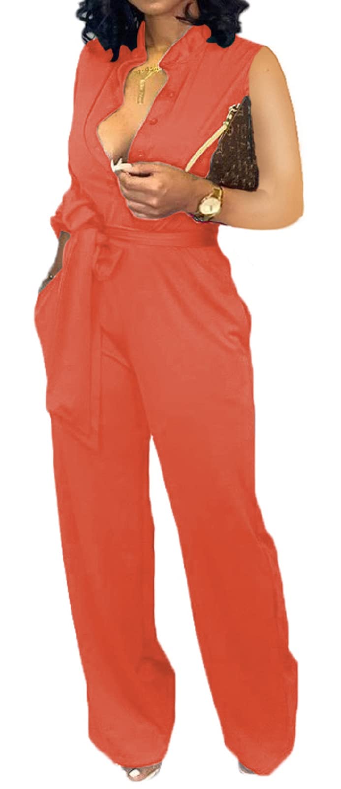 SeNight Women's Business Jumpsuits For Elegant V Neck Button Down Sleeveless Sexy Orange Solid Color Strap Straight Long Pants Rompers With Pockets