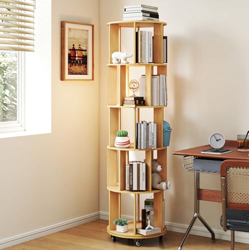 Nisorpa Drehbares Bücherregal mit 4 Rollen zum Verschieben-5 stöckiges Bücherregal-Rund Bücherorganisator Aus Holz-Lagerregal für Kinder und Erwachsene-360° Drehregal Standregal (46 * 158.5cm)