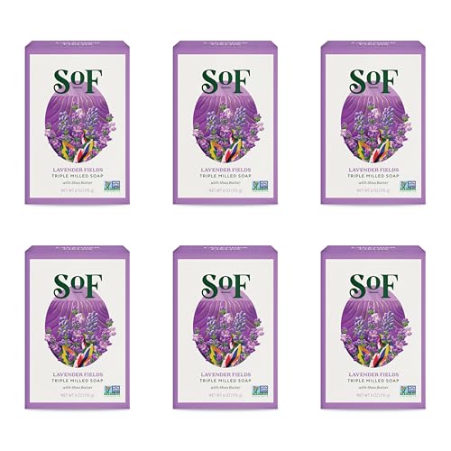 SoF Triple Milled Bar Soap - With Coconut Oil & Organic Shea Butter- Vegan & Non GMO- Free From Phthalates, Sulfates & Parabens- Lavender Fields - 6 oz Bar 6 Bars