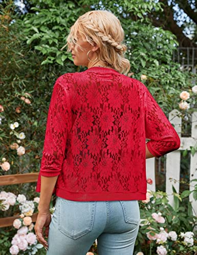 Image of Xunger Women's 3 /4 Sleeve Lace Cardigan Casual Open Front Floral Lace Shrug Summer Cover Up