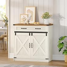 Hzuaneri Kitchen Storage Cabinet, Buffet Cabinet with Storage, Modern Farmhouse Sideboard Cabinets with Drawer, 31.5" Coffee Bar Cabinets with Doors & Adjustable Shelves, for Kitchen, White Brown